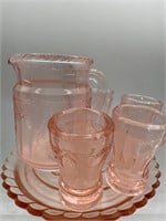 Pink depression small pitcher with glasses
