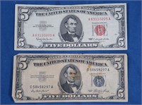 1953 Blue Seal $5 Bill, 1963 Red Seal $5 Bill