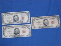 2-1963, 1-1953A Red Seal $5 Bills