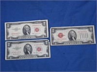 1928G Red Seal $2 Bill, 2-1953 Red Seal $2 Bills