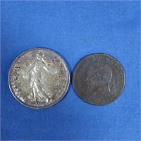 1962 5 Francs Coin .835 Silver, 1856 5 Centimes