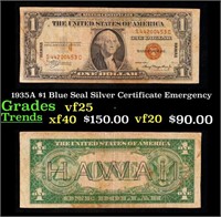 1935A $1 Blue Seal Silver Certificate Grades vf+ E