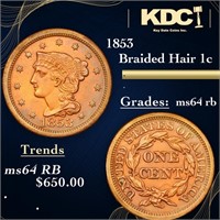 1853 Braided Hair Large Cent 1c Graded ms64 rb By