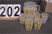 Hand Painted Frosted Pitcher And 6 Glasses