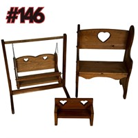 Vintage Wood Furniture Set: Swing, Chair, Shelf