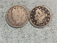 Two 1905 Liberty head nickels