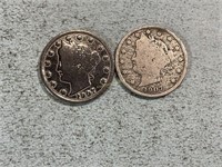 Two 1907 Liberty head nickels