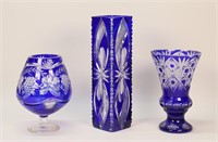 3 Cobalt Cut to Clear Vases