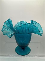 Vintage Blenko crackle glass ruffled vase