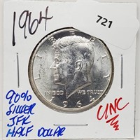 1964 UNC 90% Silver JFK Half $1 Dollar