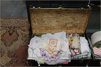 Trunk w/ assorted linen, lace, embroidery, etc