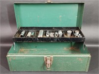 Green Tin Tool Box with Various Sockets