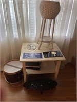 Ludwig drum, wicker planter, shelf, table & SC