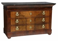 FRENCH CHARLES X MARBLE-TOP FIGURED WALNUT COMMODE