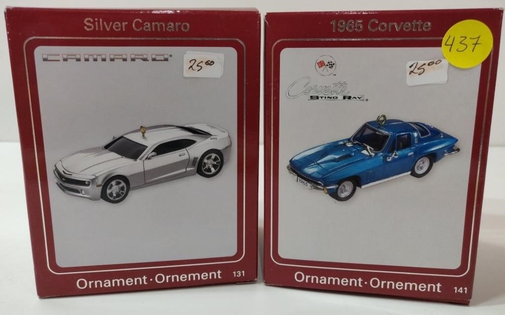 Silver Camaro & 1965 Corvette Ornaments