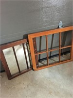 2 antique window frames, 1 with a mirror