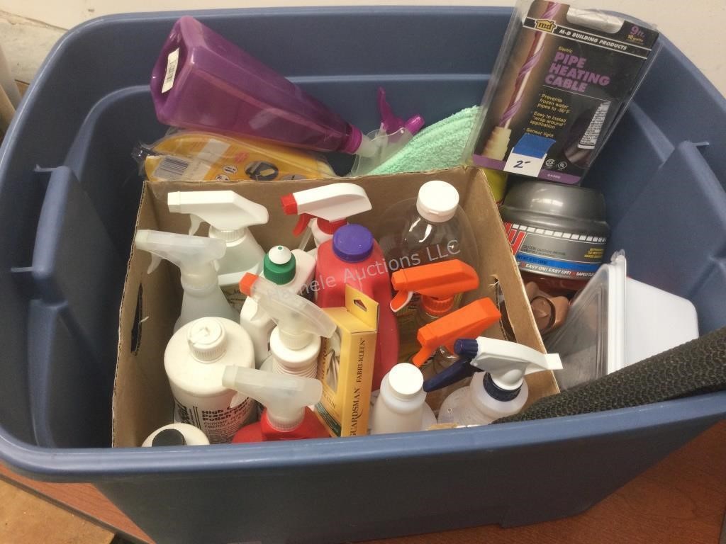 Tote of cleaning fluids and other
