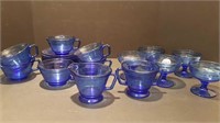 COBALT BLUE DEPRESSION GLASS 6 CUPS & 8 SAUCERS +