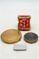 Elgin Red Travel Alarm Clock, Compacts & Knife