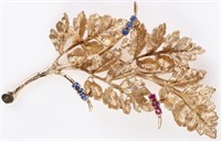 14K YELLOW GOLD BLUE/PINK TOPAZ LADIES LEAF PIN