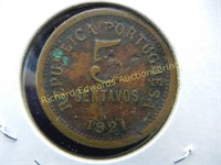 1921 Portugal 5 centavos. Rare coin. VF.