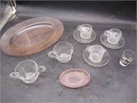 Pink Glass Tray & Plate, Cups w/ Saucers, Shot