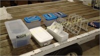 Lot plastic organizer totes and shelf organizers