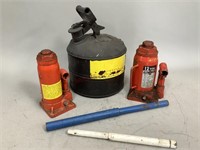 Two Hydraulic Jacks and Vintage Gas Can