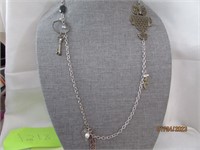 Necklace W/ Owl Key Feathers And Bird 32"