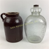 Stonewear jar with handle,  ribbed glass jug with