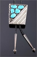 Signed Navajo Sterling Silver Turquoise Bolo Tie