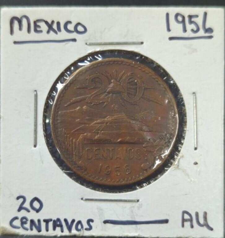AU 1956 Mexico 20 centavos coin