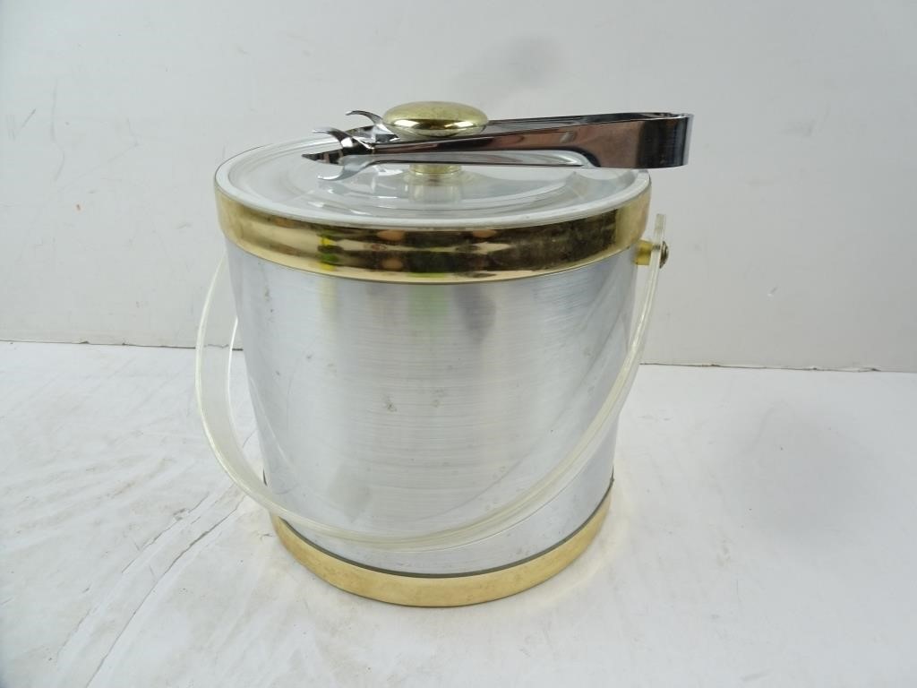 Vintage Lidded Metal Ice Bucket with Chrome Tongs