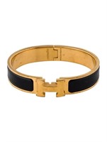 18k Gold-pl. Hermes Click H Black Enamel Bracelet