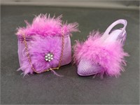 Purple with Pink Feathers Miniature Shoe and Purse