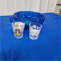 2 SHOT GLASSES AND VINTAGE BLUE BOWL