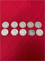 Franklin half dollar coins marked 1950, 1950-D,