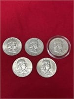 1962-D Franklin half dollar coins, total of 5