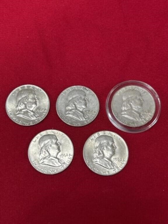 1962-D Franklin half dollar coins, total of 5