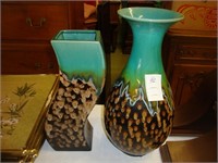 Two green art pottery vases.