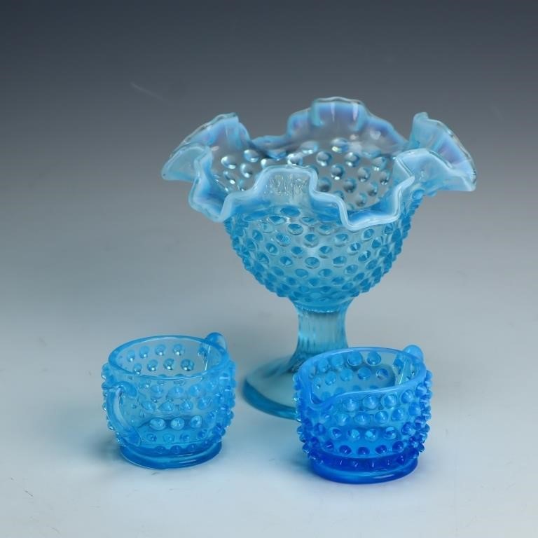 Vintage Opalescent hobnail blue compote, creamer a