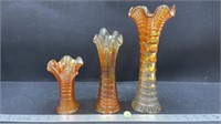 3 Carnival Glass Fluted Vases (6", 9" & 11"H).