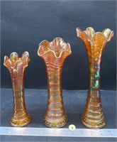 3 Carnival Glass Fluted Vases (8", 9.5" &