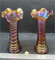 2 Carnival Glass Fluted Vases (8.5"H). (M103)