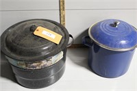 Black canning pot and blue enamel pot