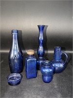 6 Pc. Vintage Cobalt Blue Bud Vases, Bottles, Misc