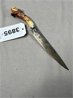 Antler Handled Steel Blade Knife With Carved