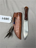 Belt Knife With Wooden Handle & Leather Sheath