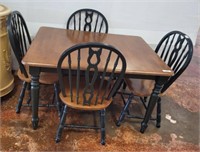 BLACK PAINTED AND STAINED DINING TABLE, 4 CHAIRS