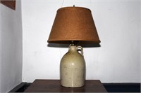 One gallon stoneware jug lamp with burlap shade